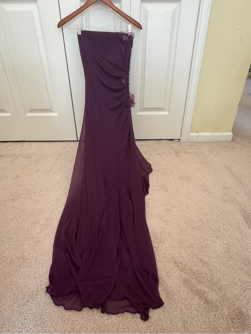 City Triangles Strapless Plum Evening Gown with Floral Details